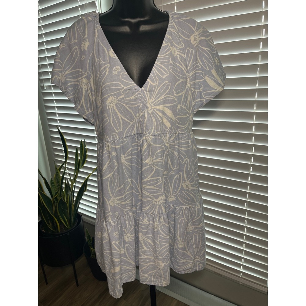 Universal Thread Baby Blue Floral Dress Small Linen Blend Tiered Pockets